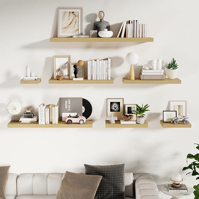 Fun Memories 55 Inch Fireplace Mentel Shelf, 10 Inch Deep Shelves for Display & Wall Storage, Rustic Wood Wall Shelf, Extra Long Floating Shelves for Living Room Laundry Room, Oak, Set of 1