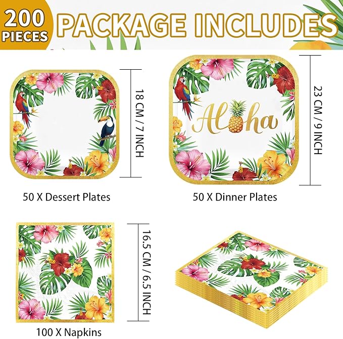 Grencian 200Pcs Hawaiian Luau Party Decorations Aloha Tropical Hibiscus Floral Luau Plates and Napkins Palm Leaf Tableware Sets for Summer Holiday Hawaiian Birthday Dinner Party Supplies Serves 50