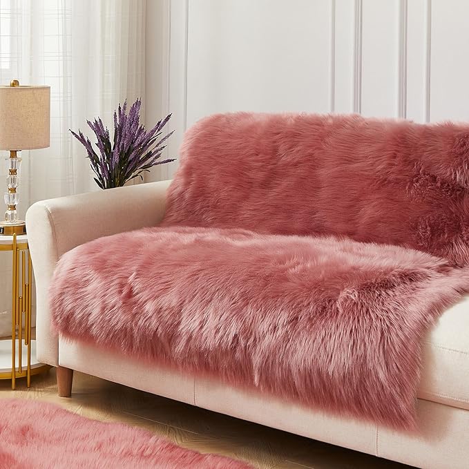 AMTOVO Faux Fur Sheepskin Rug for Living Room, 4 x 6 ft Blush Pink Fluffy Area Rug for Bedroom, Playroom, Luxury Room Decor, Rectangle