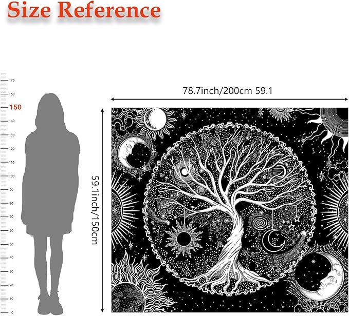 AACKart Tree of Life Tapestry for Bedroom Aesthetic Room Decor-Black and White Spiritual Tree Tapestry Wall Hanging with Sun Moon Star 78.7×59.1 inches