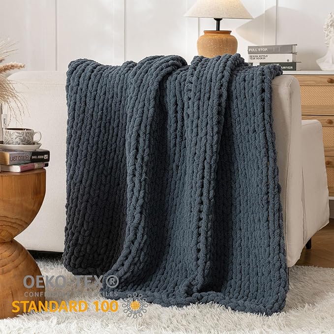 Chunky Knit Blanket Throw, 100% Hand Knit Throw Blanket Handmade Chenille Cable Knit Throw for Couch, Stylish Cozy Soft Rope Knot Crochet Blanket for Home Decor, Blue Mirage, 60x80 Inches