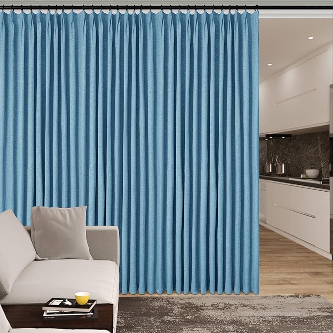 Full Blackout Privacy Curtains, 240 Inch Extra Wide Linen Blend Drapes, Pinch Pleat Window Drapery for Room Divider Storage/Space Room Separation, 1 Panel, W 240" x L 96", Blue