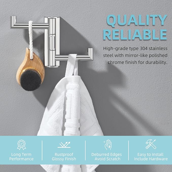 Angle Simple Towel Hook for Bathroom, SUS 304 Stainless Steel Foldable Robe Towel Holder, Wall Coat Hook, Polished Chrome