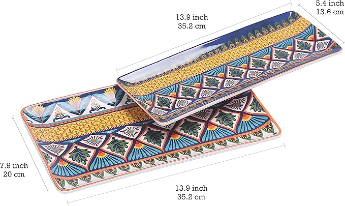 Bico Havana Ceramic 14 inch Rectangular Serving Platter, Set of 2, for Serving Salad, Pasta, Cheese, Ham, Appetizer, Microwave & Dishwasher Safe