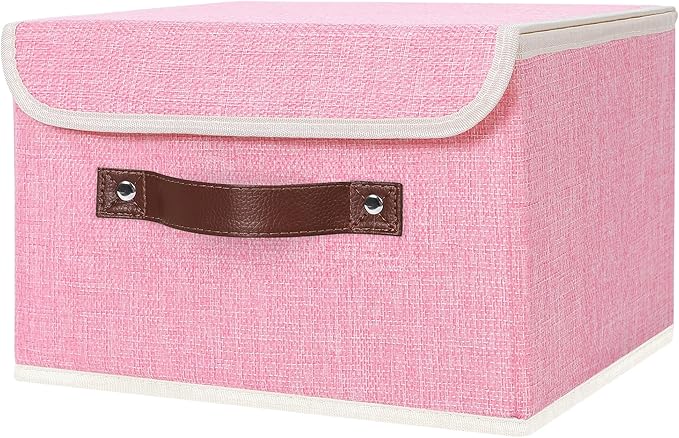 ANMINY Storage Bin with Lid Storage Boxes with PU Leather Handles PP Plastic Board Decorative Foldable Lidded Cotton Linen Fabric Home Cubes Baskets Closet Organizer Container - Pink, Small Size