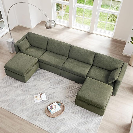 CHITA Oversized Modular Sectional Sofa, FSC Certified U Shaped Couch with Reversible Chaise Modular Sectional Couch,146 inch Width, 6 Seat Modular Sofa with Storage Ottomans, Moss Green