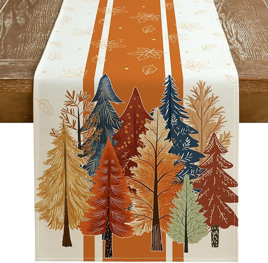 GEEORY Fall Watercolor Trees & Maple Leaves Striped Table Runner 13x48 Inch, Rustic Farmhouse Autumn Thanksgiving Decor for Kitchen, Dining, Indoor/Outdoor Holiday Dinner Party Orange GT157-48