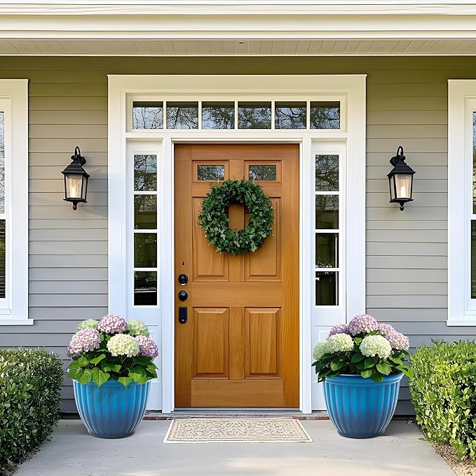 15" H Large Flower Pots, Set of 2 Plastic Planters for Outdoor Plants with Gradient Blue Finish and 3D Textures, Weather-Resistant for Porch, Garden, Patio or Indoor Use