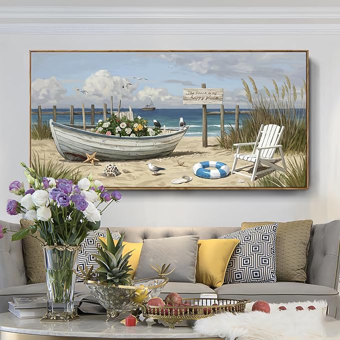 amatop Giant Framed Beach Wall Art Large Nautical Seaside Canvas Print Flower Boat Ocean Horizontal Landscape Picture Sea Birds Artwork for Coastal Farmhouse Living Room Bedroom Office Decor 58×29 Inch