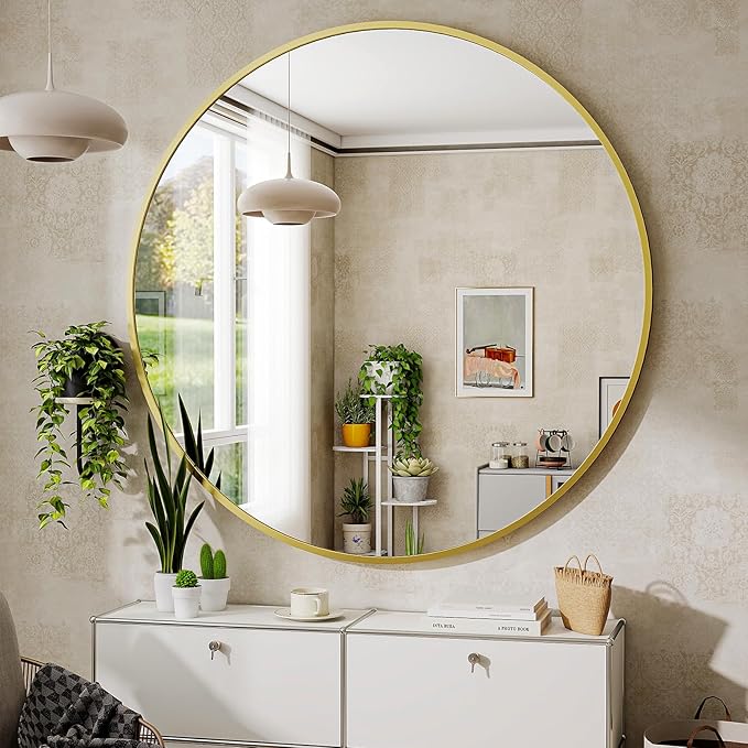BEAUTYPEAK 30 Inch Round Mirror, Metal Frame Circle Mirror, Wall Mounted for Entryway, Bathroom, Vanity, Living Room, Gold