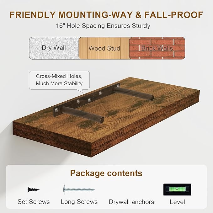 Fun Memories Floating Shelves, 8 Inch Deep Floating Shelves, Rustic Wood Fireplace Mantel 48 in Long, 48 x 8 Floating Wall Shelves for Living Room, Kitchen, Bedroom, Rustic Brown, 1 Pack