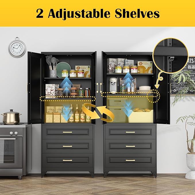 75" Kitchen Pantry Cabinet with 3 Drawers,Metal Storage Cabinets with Doors and 4 Adjustable Shelves,Black Kitchen Cabinet with 2 Gold Handles,Food Cupboard for Livingroom, Bathroom,Pantry