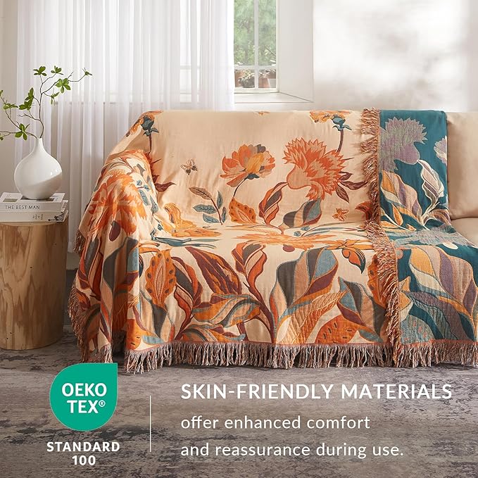 Boho Throw Blanket for Couch Sofa Bed, 100% Cotton Woven Quilt with Tassel 90”x98”, Super Soft Muslin Blanket with Floral Printed, Decorative Reversible Bed Blanket/Cover for All Seasons