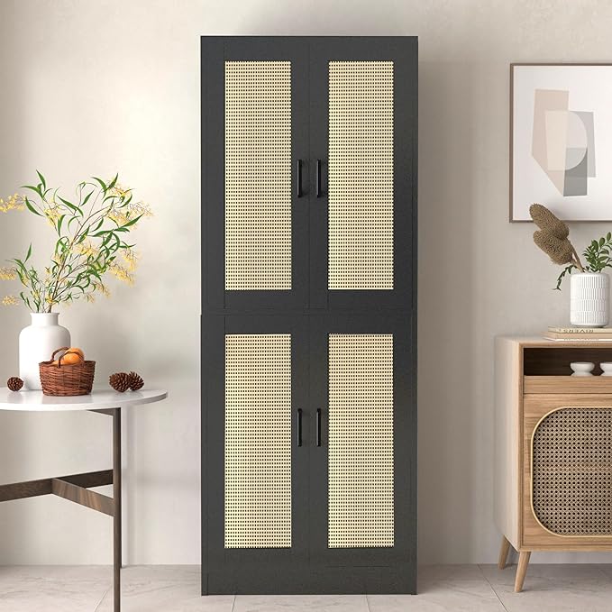 Black Rattan Kitchen Pantry, 71" Tall Storage Cabinet with Doors, Boho Hutch for Dining Room