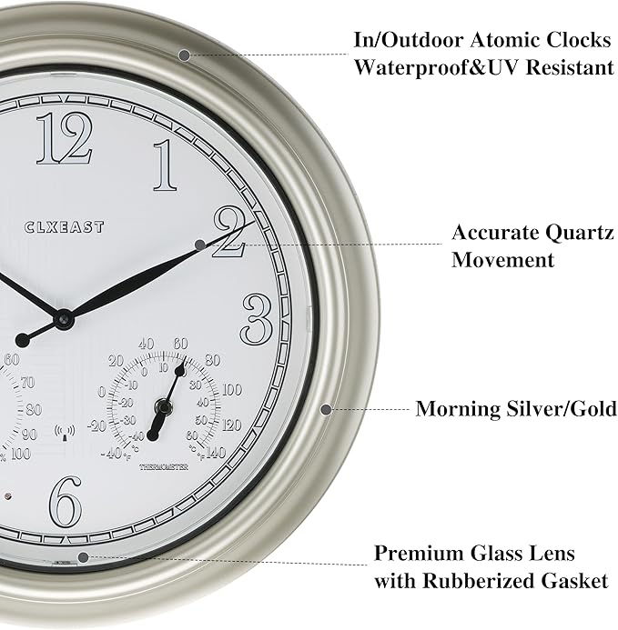 CLXEAST 18 Inch Illuminated Outdoor Indoor Atomic Analog Wall Clock with Temperature & Humidity Combo, Lighted Outdoor Clocks for Patio Large Waterproof with Thermometer, Modern Morning Silver/Gold