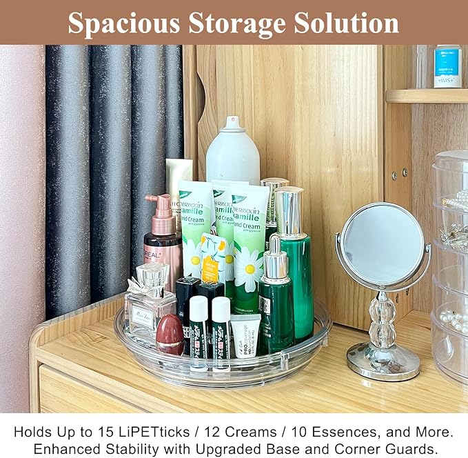 Clear Lazy Susan Organizer Turntable for Cabinet Table Top, 9.25 Inch 2 Pack 360 Rotating Spinning Makeup Organizer for Vanity, Kitchen Storage Rack Heavy-Duty Pantry Spices Tray Countertop Organizer