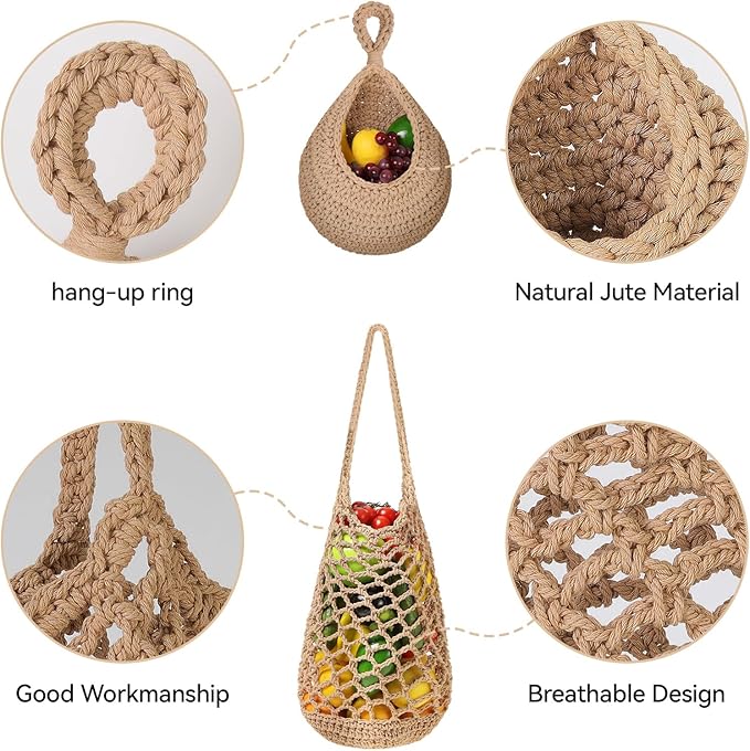 AARAINBOW Boho Wall Hanging Baskets for Kitchen Storage, Fruit Woven Wall Basket 9 Pcs, Hanging Vegetable and Onion Storage with 24 Hooks （Brown）