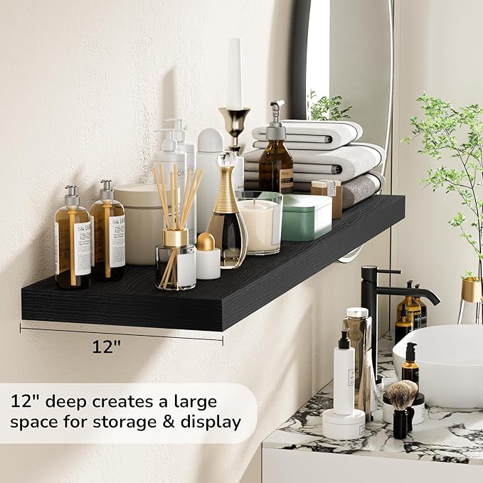Fun Memories Floating Shelves - 12 Inch Rustic Wooden Wall Shelves - Extra Deeper & Thicker Wall Mounted Storage Shelf for Living Room, Kitchen, Farmhouse - 48" W x 12" D x 1.8" H - Rustic Black