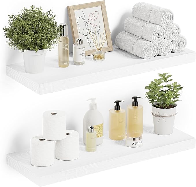 Floating Shelves for Wall 24 inchs Long, 9.1” deep x 1.5” Wall Shelf for Bedroom, Bathroom, Living Room, Kitchen, Office Home Decor, Deep Wood Shelves with Invisible Brackets, Set of 2 White