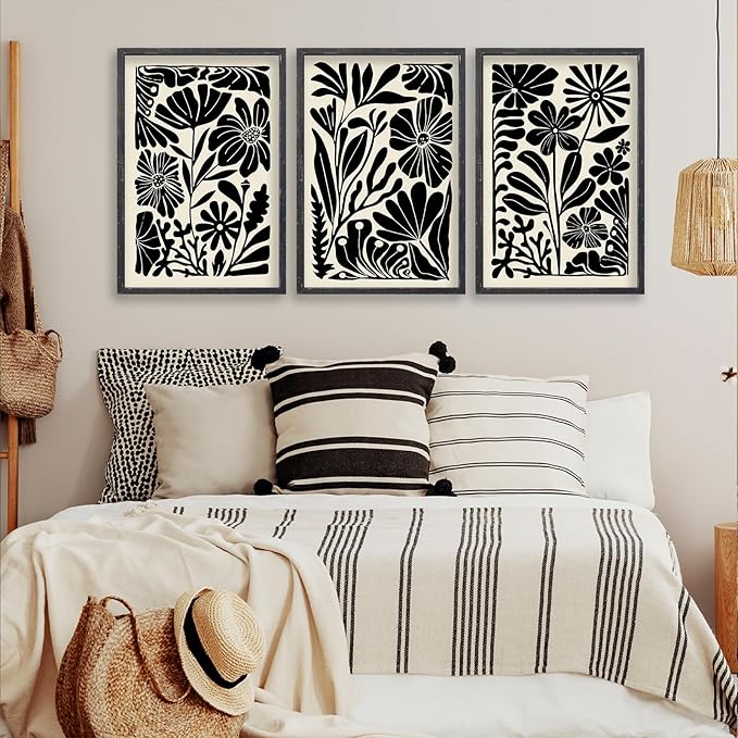 Abstract Floral Botanical Wall Art 16x11 Inch 3 Piece Black Vintage Boho Plant Flower Minimalist Wood Frame Sign Home Living Room Family Office Mid Century Print Wall Hanging Decor (Black)