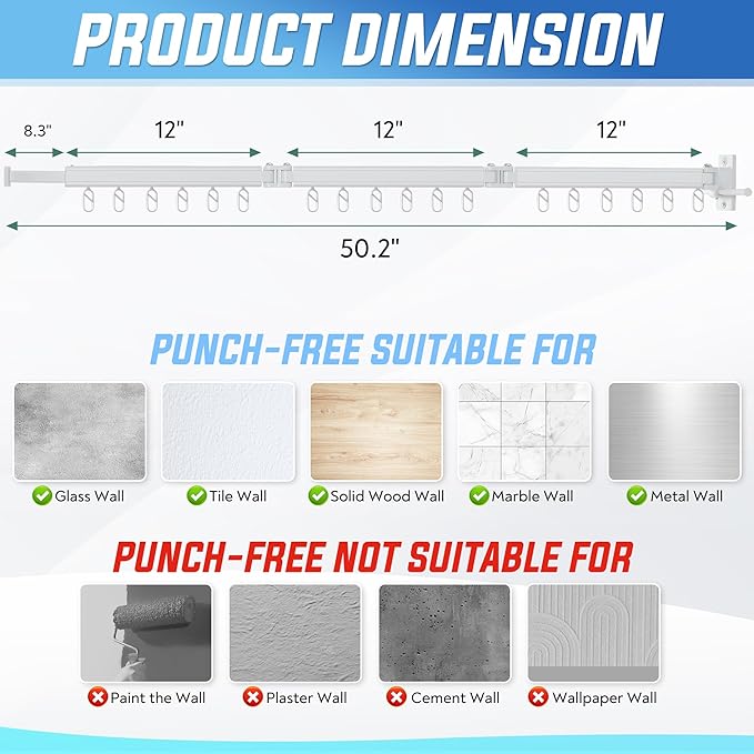 Clothes Drying Rack Wall Mounted Foldable, Retractable & Collapsible(Tri-Fold) Space-Saving Laundry Drying Rack for Indoor & Outdoor Use - Laundry Rooms, Bathroom & Balconies (White)