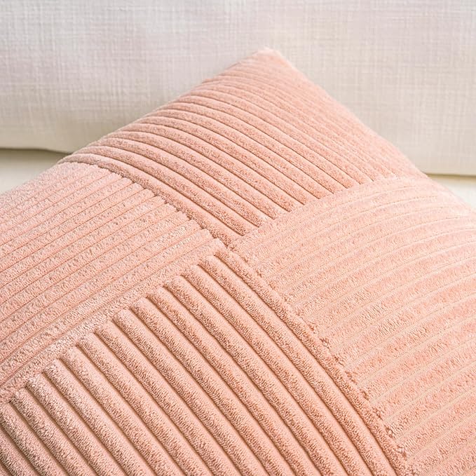 Fancy Homi 2 Packs Peach Decorative Throw Pillow Covers 16x16 Inch for Living Room Couch Bed Sofa, Rustic Farmhouse Boho Home Decor, Soft Corss Patchwork Corduroy Textured Square Cushion Case 40x40 cm