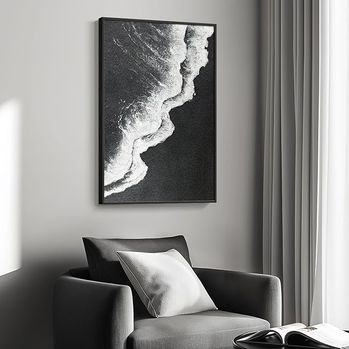 Framed Black and White Abstract Beach Canvas Wall Art, Modern Minimalist Art Prints Paintings Artwork for Walls, Ocean Wave Pictures for Living Room Dining Room Bedroom Bathroom Wall Decor 24x36 In