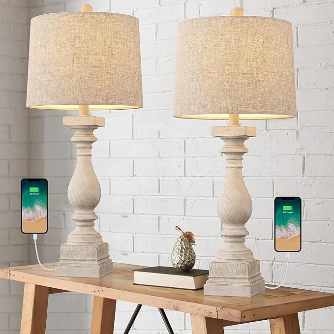 BOBOMOMO 27" Table Lamp with USB C+A Charging Ports Set of 2 Antique Nightstand Lamp for Bedroom Living Room Farmhouse Office Retro Rustic Resin Bedside Desk Lamps Washed White