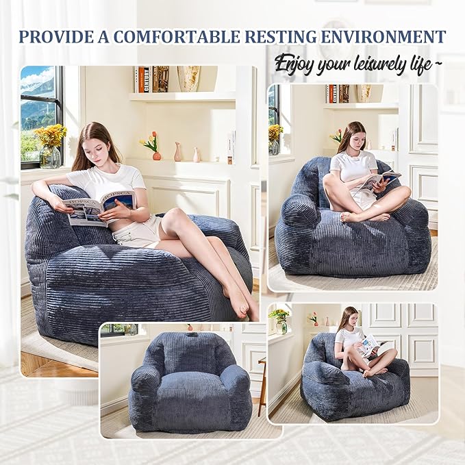 Bean Bag Chair, Faux Fur Bean Bag Chair for Adults, Fluffy and Comfy Bean Bags with Filler, Bean Bag Sofa Chair for Reading, Gaming, Stuffed High-Density Foam, Grey