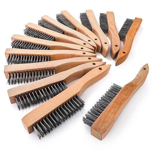 Elsjoy 12 Pack Wire Brush with Wooden Handle, 10 Inch Stainless Steel Wire Scratch Brush Wire Cleaning Brush Set for Removing Rust, Paint, Welding Slag