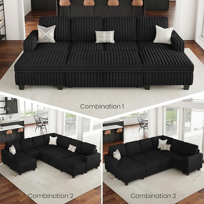 Belffin Plush Corduroy Modular Sectional Sofa with Pull Out Bed Convertible Small Sectional Corner Couch for Living Room Black Couch