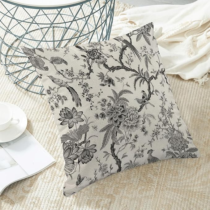 CXMEIFLY Spring Floral Birds Pillow Covers 16 x 16 Inch Set of 2 for Chinoiserie Flowers Decor Throw Pillows Black and White Plant Outdoor Decorative Cushion Cases for Couch Bed Decorations