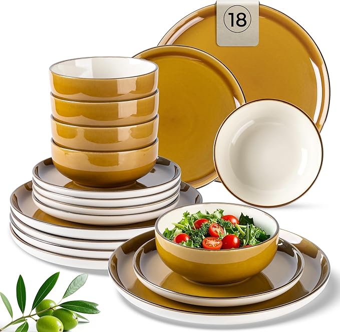 GBHOME Ceramic Dinnerware Sets, 18 Pieces Stoneware Dinnerware Set, Plates and Bowls Sets, Dishwasher & Microwave Safe,Dishes Set | Service for 6