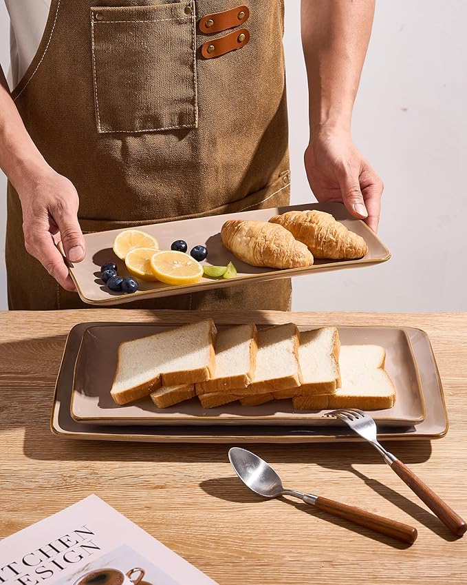 famiware Serving Platter, Rectangular 15.67/14.1/12.6 inch Serving Dishes for Entertaining, Microwave Dishwasher Safe, Stonware Serving Trays for Party, Turkey, Cheese, Ocean Series, Cinnamon Brown