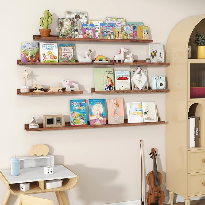 Fun Memories Picture Ledge Shelves Set of 2, 36 Inch Rustic Wall Mounted Floating Shelves with Lip for Home Storage and Décor in Bathroom, Kitchen, Nursery, Bedroom, Living Room, Walnut