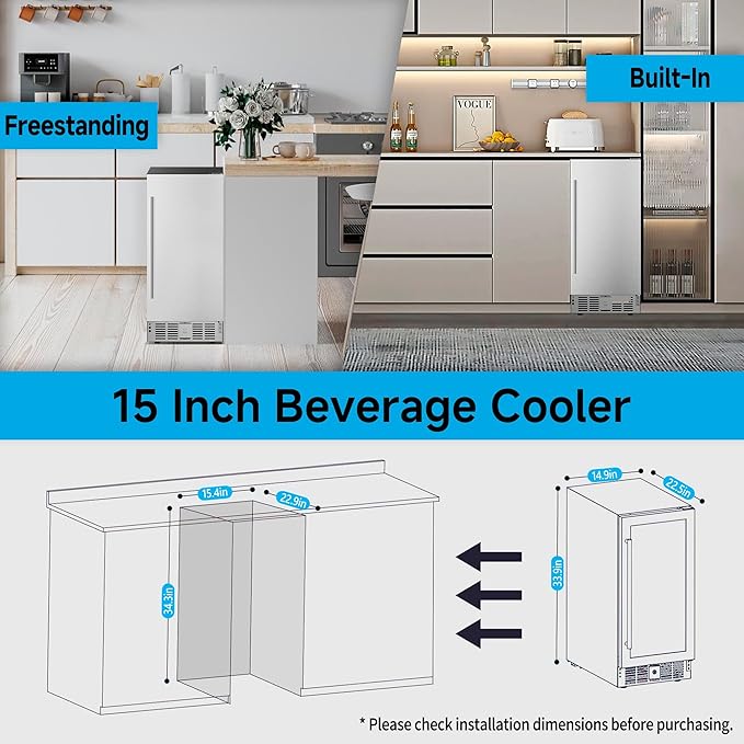 15 Inch Undercounter Beverage Refrigerator - 126 Cans Beverage Fridge with Stainless Steel Door for Beer Wine Soda - Built-in or Freestanding Wine Cooler for Home Kitchen Bar