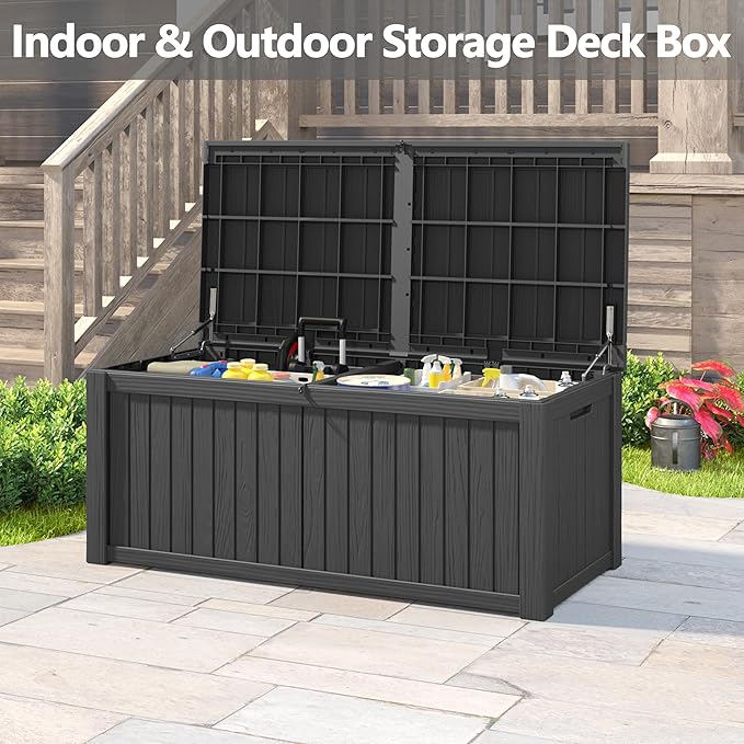 150 Gallon Resin Deck Box, Large Indoor and Outdoor Storage Box, Weatherproof and UV Resistant Outdoor Storage Box with Built-in Steel Beams for Patio, Cushions, Pool Supplies