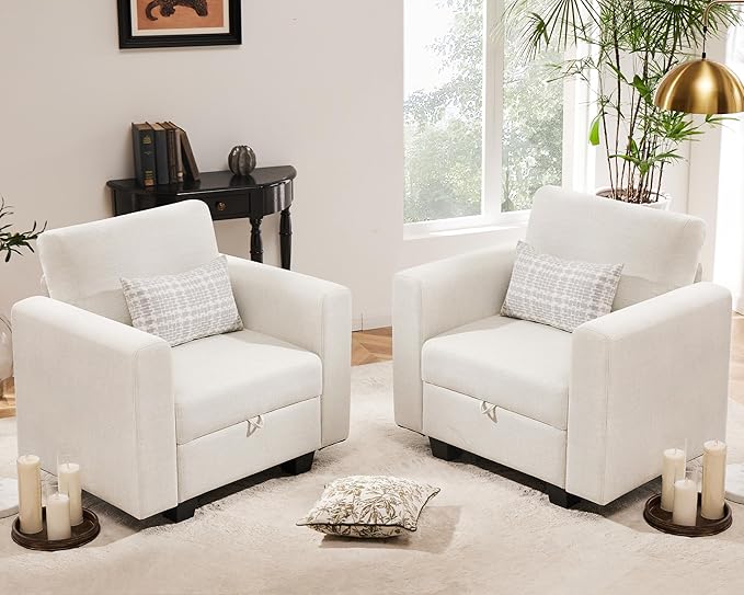 38.5 Oversized Accent Chair with Storage Beige Set of 2, Single Modern Accent Sofa Chair with Arms for Apartment Living Room Linen(21" Deep Seat)