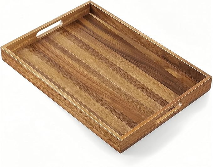 Acacia Wood Serving Tray with Handles - 17-Inch Large Wooden Tray for Ottoman - Perfect for Breakfast, Lunch, Dinner, Appetizers, Patio, Ottoman, Coffee Table,BBQ, Party – Great for Lap &Couch ﻿