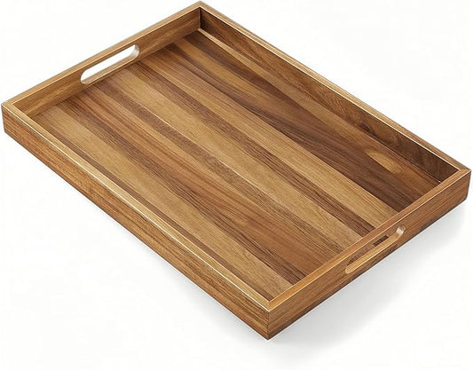 Acacia Wood Serving Tray with Handles - 17-Inch Large Wooden Tray for Ottoman - Perfect for Breakfast, Lunch, Dinner, Appetizers, Patio, Ottoman, Coffee Table,BBQ, Party – Great for Lap &Couch ﻿