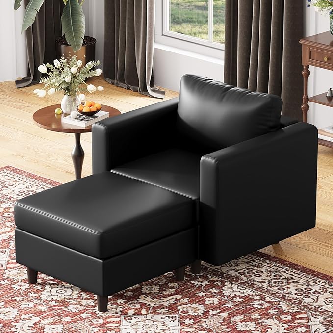 Faux Leather Single Sofa with Storage Ottoman, Modern Accent Chair Deep Seat Large Reading Armchair, Chaise Lounge Chair for Living Room Bedroom Office Black