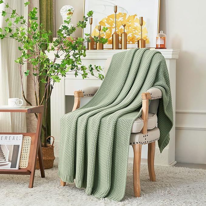 Chunky Cable Knit Throw Blanket Lightweight Light Green 100% Organic Cotton Blanket for Sofa Couch Bed Baby Nursery, Rustic Shabby Chic Modern Farmhouse, 60” x 80” Bonus Laundering Bag
