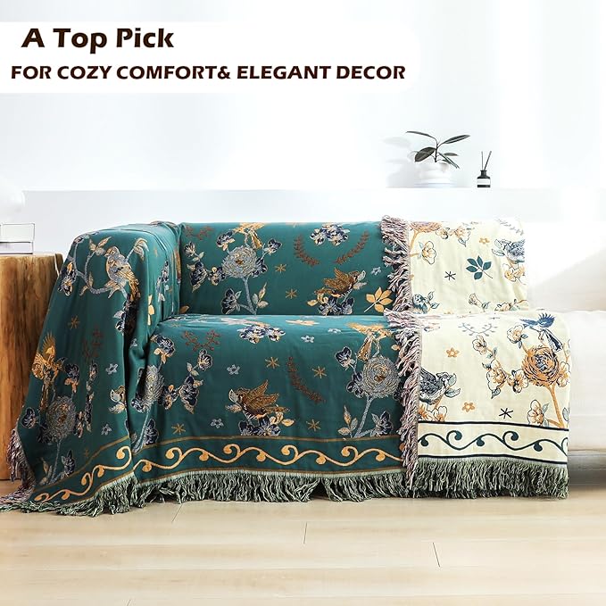 Boho 100% Organic Cotton Large Throw Blanket 50" x 60" - All Season Rustic Ultra Soft Breathable Floral Bird Blanket for Bed Sofa Couch Chair Bedspread Quilt Gift-Teal,Beige