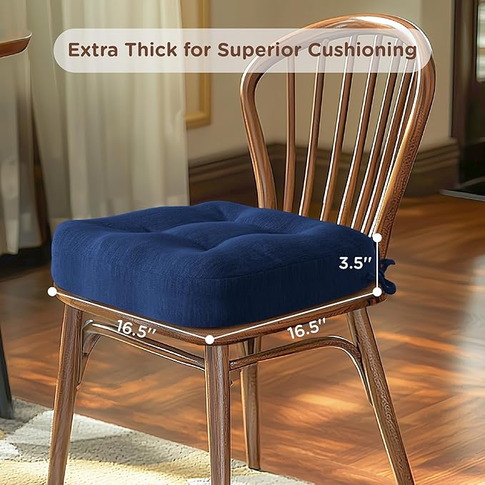 Codi Thick Kitchen Chair Cushions, Chair Pads for Indoor Dining Room 4 Pack - Washable, Non-Slip 3-Layer Seat Cushion with Ties, 16.5"x16.5"x 3.5", Set of 4, Navy