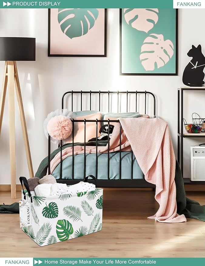 FANKANG Storage Bins, Nursery Hamper Canvas Laundry Basket Foldable with Waterproof PE Coating Large Storage Baskets for Kids Boys and Girls, Office, Bedroom, Clothes,Toys(Rec-Leaf ）