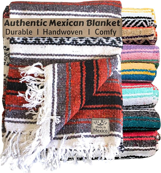 Del Mex Classic Mexican Blanket, Large Authentic Woven Falsa Throw (70"x50"), Artisan Southwest Décor for Beach, Yoga, Outdoors (Terracotta)