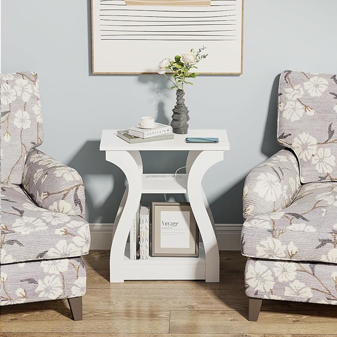 End Tables Living Room, White End Table with Charging Station,White Side Table, Nightstand for Bedroom, 3 Tier End Table with Storage Shelf for Living Room