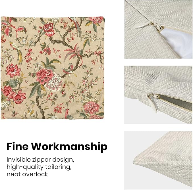 CXMEIFLY Spring Floral Birds Pillow Covers 20 x 20 Inch Set of 2 for Chinoiserie Flowers Decor Throw Pillows Pink Red Plant Outdoor Decorative Cushion Cases for Couch Bed Decorations