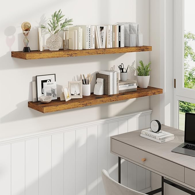 Fun Memories 48 Inch Deep Floating Shelves for Wall, 2 Pack of Long Wall Mounted Wood Shelves with Invisible Brackets for Bathroom, Bedroom, Living Room, Kitchen Decor and Storage, Brown
