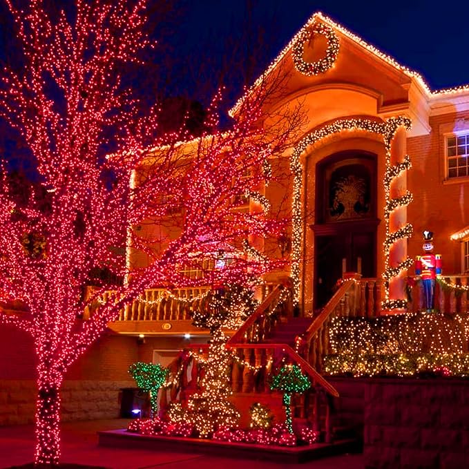 Dazzle Bright 300 LED Christmas String Lights, 100 FT Connectable Waterproof String Lights Green Wire with 8 Modes Christmas Decoration for Indoor Outdoor Party Yard Garden Decor (Red)